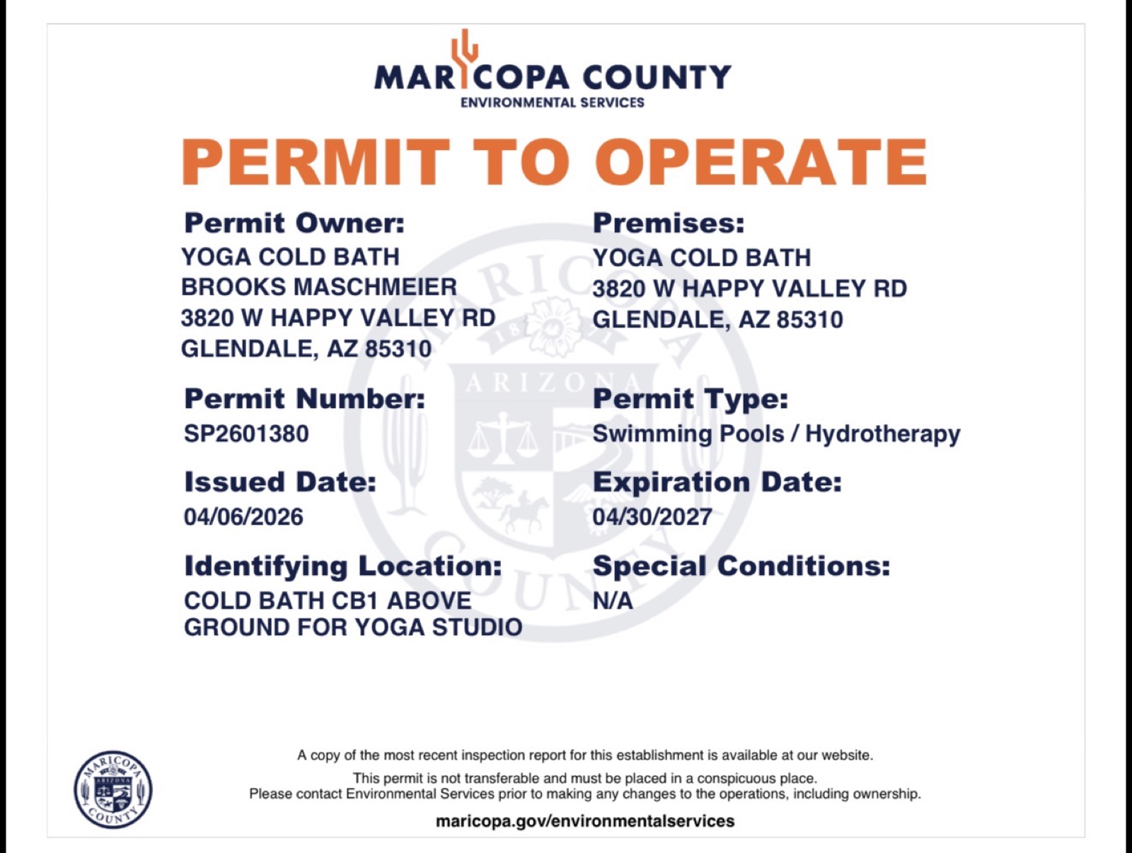 Maricopa County Environmental Services Permit to Operate issued to Yoga Cold Bath, permit number SP2601380, valid through April 30, 2027