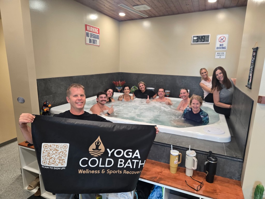 Members soaking in the Yoga Cold Bath salt-water hot tub