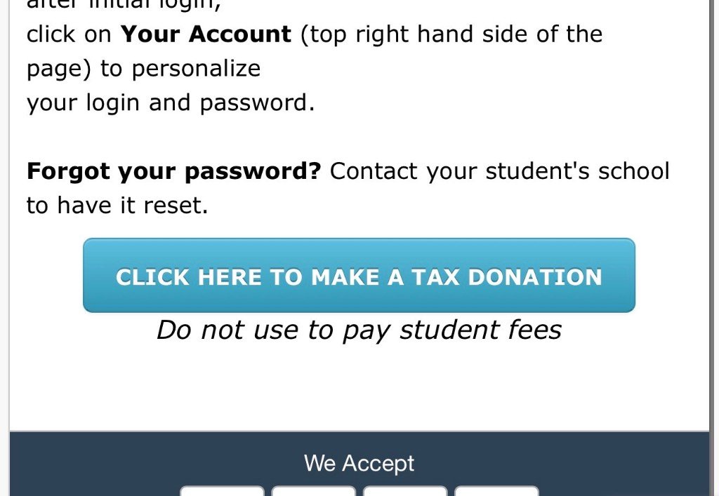 The blue Click Here to Make a Tax Donation button on the Deer Valley payment site